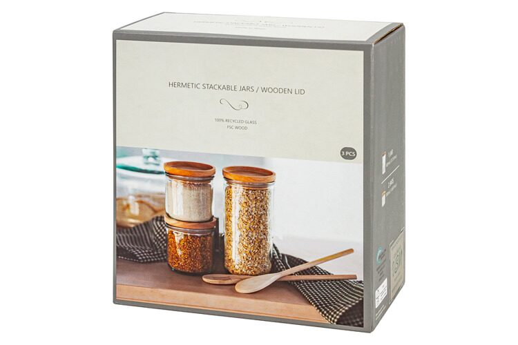 Банка для сыпучих продуктов SAN MIGUEL, 820/350 мл, 3 шт, стекло/дерево, Jars