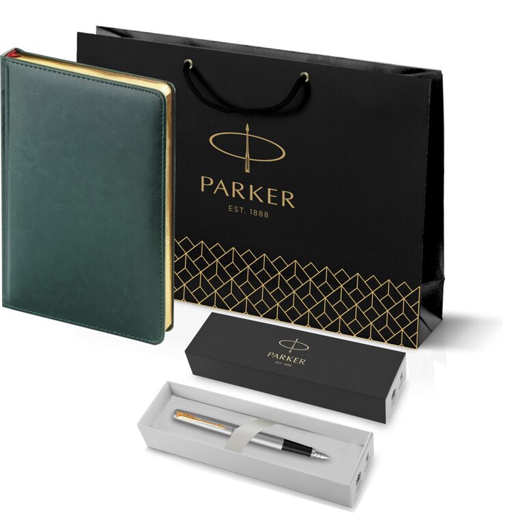 Подарочный набор: Ручка перьевая Parker Jotter Stainless Steel GT и Ежедневник зеленый недатированны